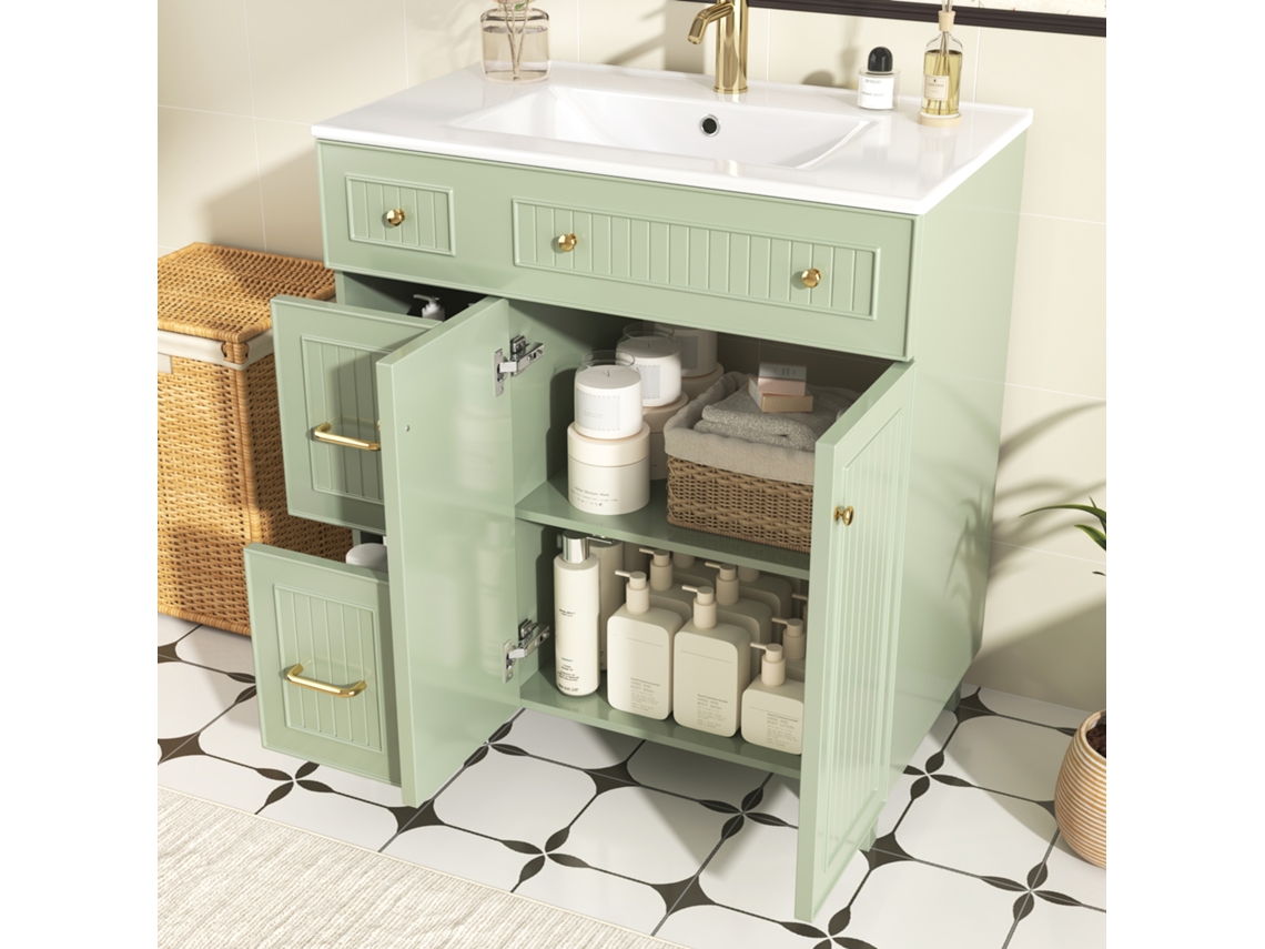 Armário De Banheiro 81,7cm, Vertical, Cuba Cerâmica, Laqueado, Multifuncional, Pés De Madeira Maciça, Design Luxuoso Moderno Verde.