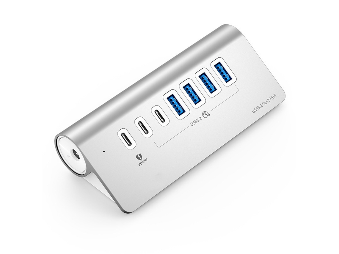 Yizhood 10 Gbps Usb 3.2 Hub Alumínio Superspeed Powered PD60W Carregador Tipo C Divisor Prata Docking Station
