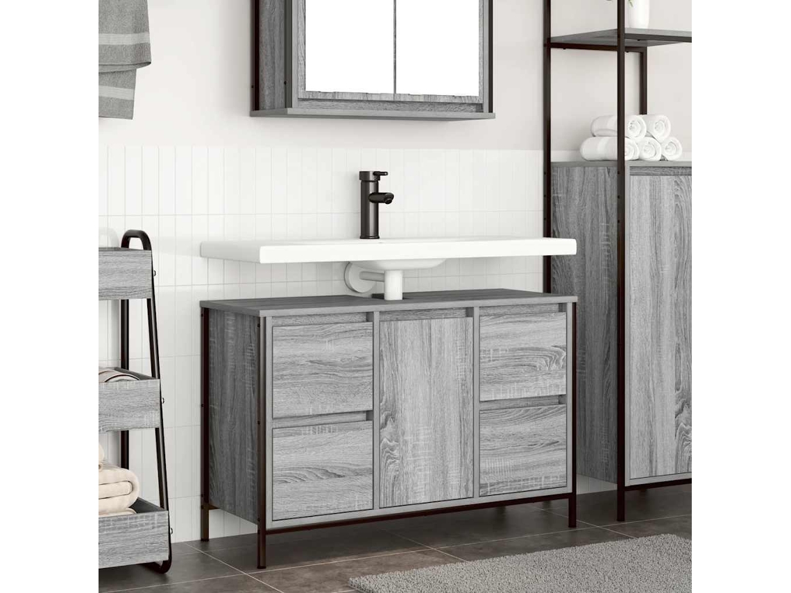Vidaxl Armário Para Lavatório Com Gavetas, Cinza, Modelo Sonoma, 90x34,5x60 Cm