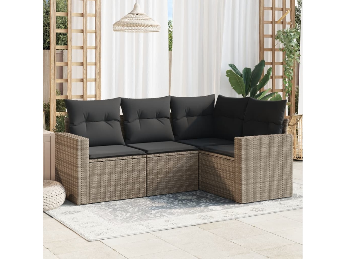Vidaxl 4 Pcs Conjunto Sofás De Jardim C/ Almofadões Vime Pe Cinzento