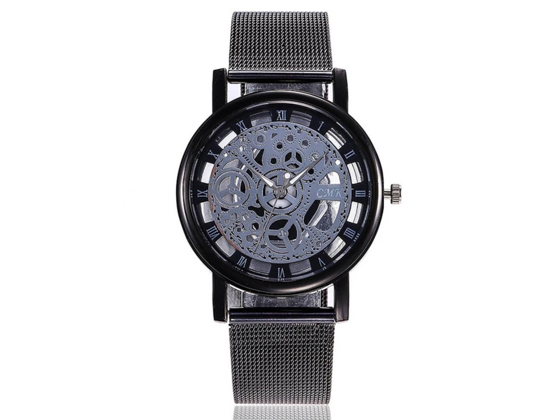 Relógio de pulso em liga metálica com pulseira de malha, mostrador redondo, numerais romanos, preto.