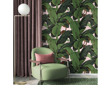 Papel de Parede Esotico WALLPAPERS4BEGINNERS Rosa com Folhas de Banana (250x200cm - Rosa)