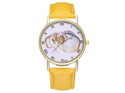 Relógio de pulso vintage de quartzo para mulheres e homens com pulseira de couro PU e estampa animal amarela.