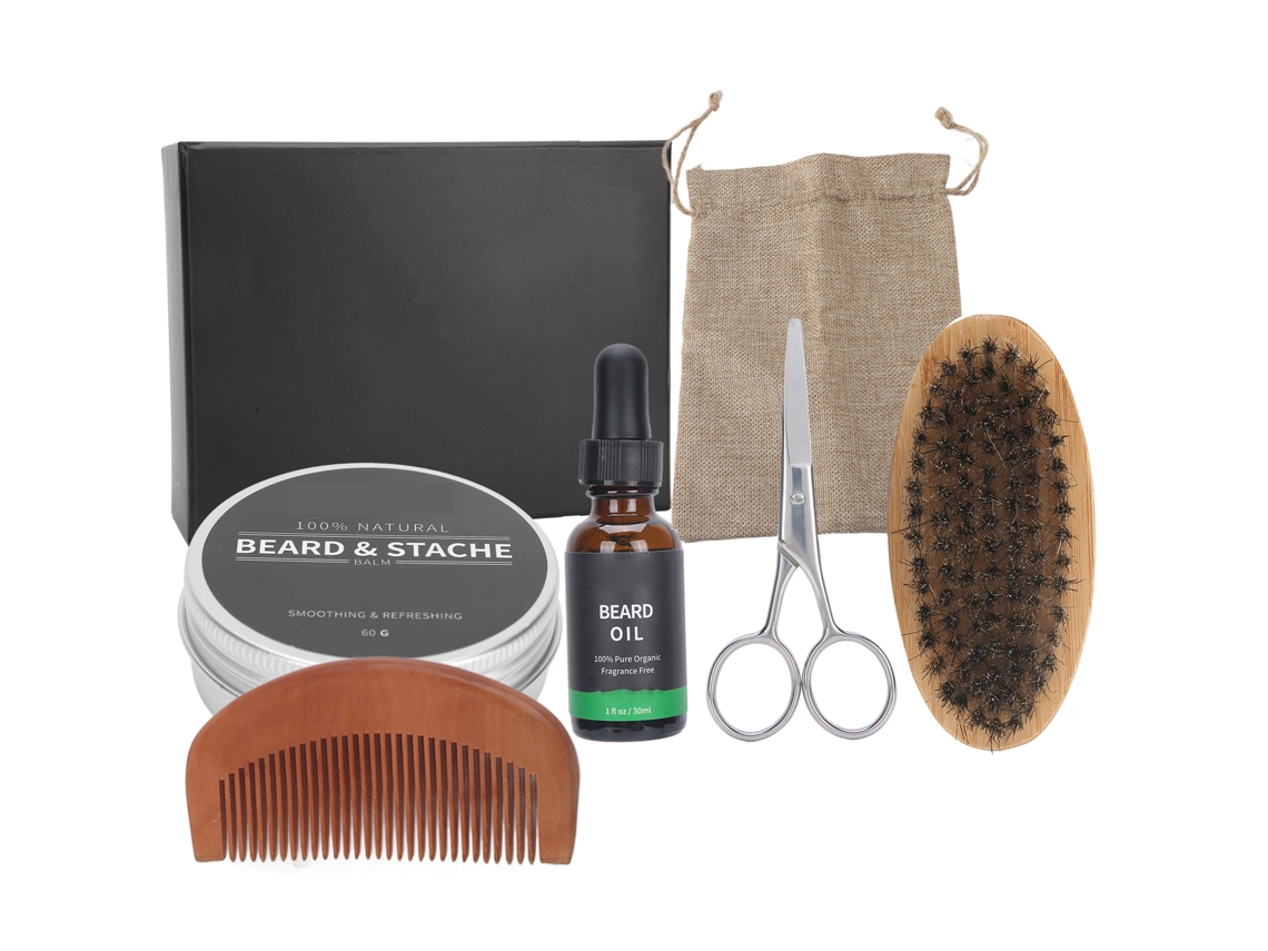 Kit De Cuidado Com A Barba 6 Peças Com Creme, Óleo, Escova, Pente E Tesoura Para Hidratação E Estilo
