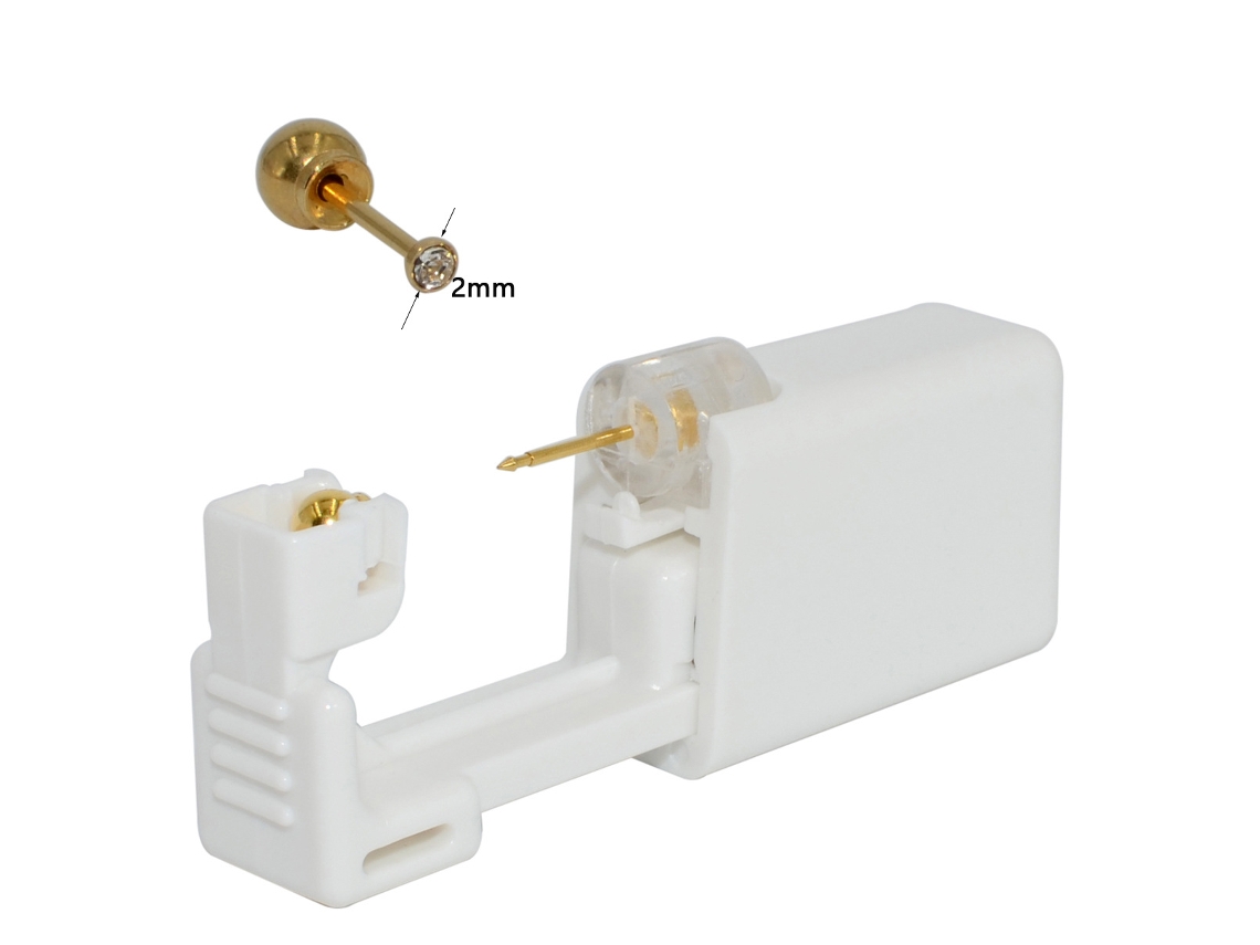 Piercing De Orelha, Dispositivo Descartável Para Perfuração, Estéril, Com Brincos De Aço Inoxidável (1 Par - 2mm Ouro Diamante Branco) Spqment