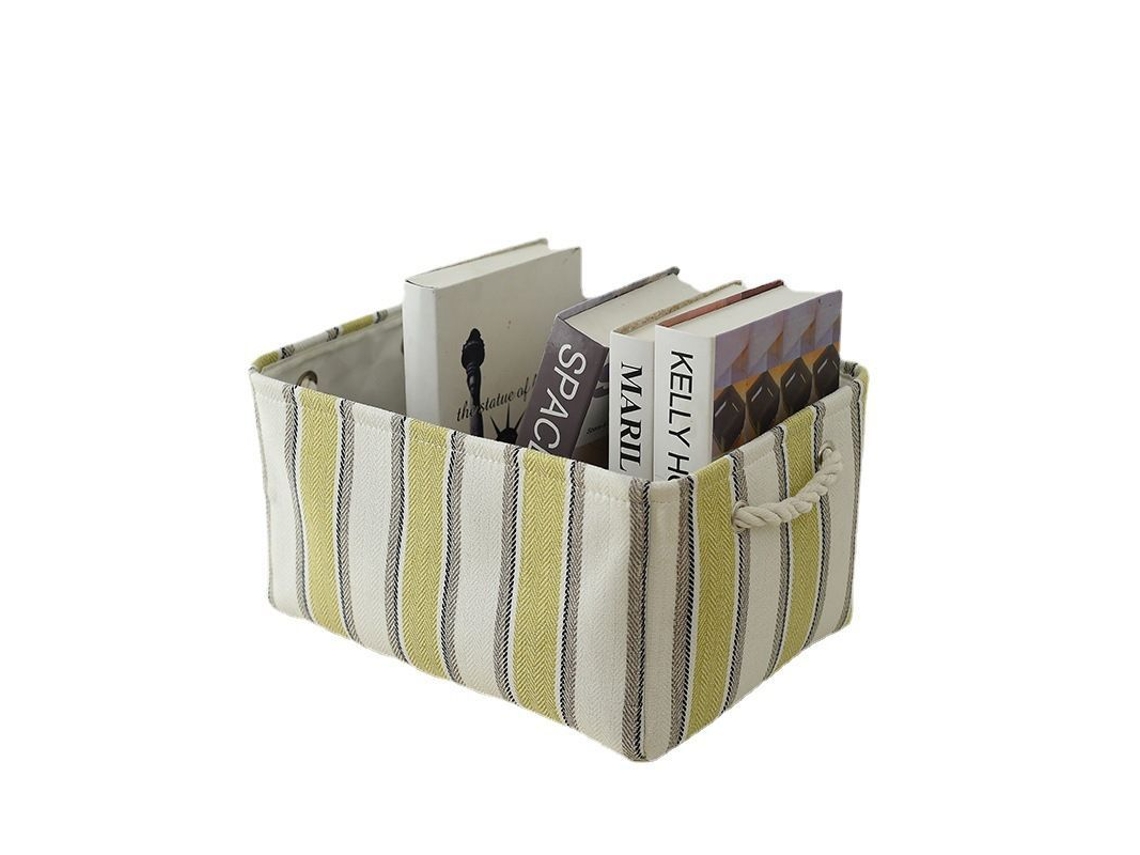 Caixa de armazenamento dobrável, 3 peças listradas amarelas, para brinquedos e roupas, com alça de algodão, 15.7x11.8x8.3 polegadas