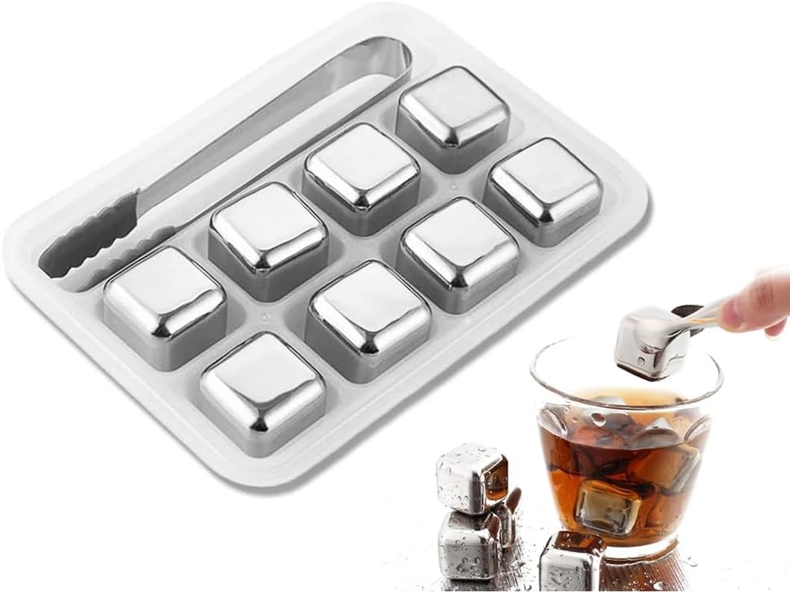 8 Cubos Gelo Aço Inox 304 Reutilizáveis com Clipes, para Bebidas ZYBLSSBB