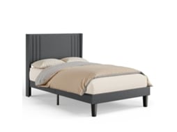 Cama solteiro estofada cinza com cabeceira e estrado ripado - 1 peça - 120 x 200 cm