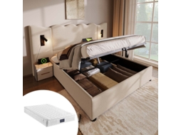 Polsterbett Casal 160x200 Cm Com Luz De Leitura E Usb C, Base Em Madeira Maciça E Metal, Tons Bege, Linho Quenty (inclui Colchão)
