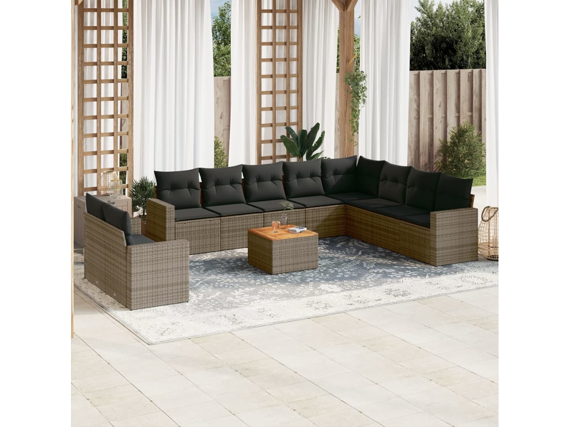 Vidaxl 11 Pcs Conjunto Sofás De Jardim C/ Almofadões Vime Pe Cinzento