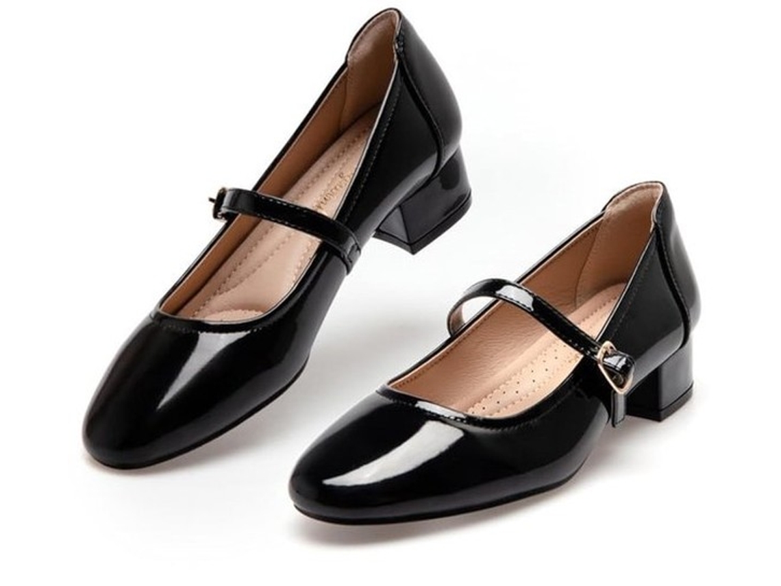 Sapatos Mary Jane - Dama - 6,5 Cm - Salto Alto - Ajustável - Cinto De Couro - Preto Brilhante - Unhas - Sapatos De Ensaio