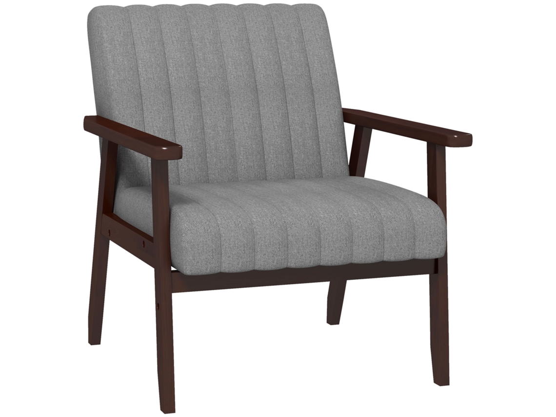Poltrona Moderna Estofada de Quarto em Tecido e Madeira com Costura Tubular. Cinza Ge
