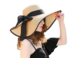 Chapéu de palha feminino 2026 com laço grande, aba larga dobrável, proteção UV, ideal para praia e verão.