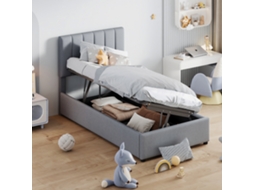 Cama Estofada Infantil 90x200 Cm, Cama De Armazenamento Hidráulica, Cama Alta De Linho Amiga Da Pele, Cinza-op