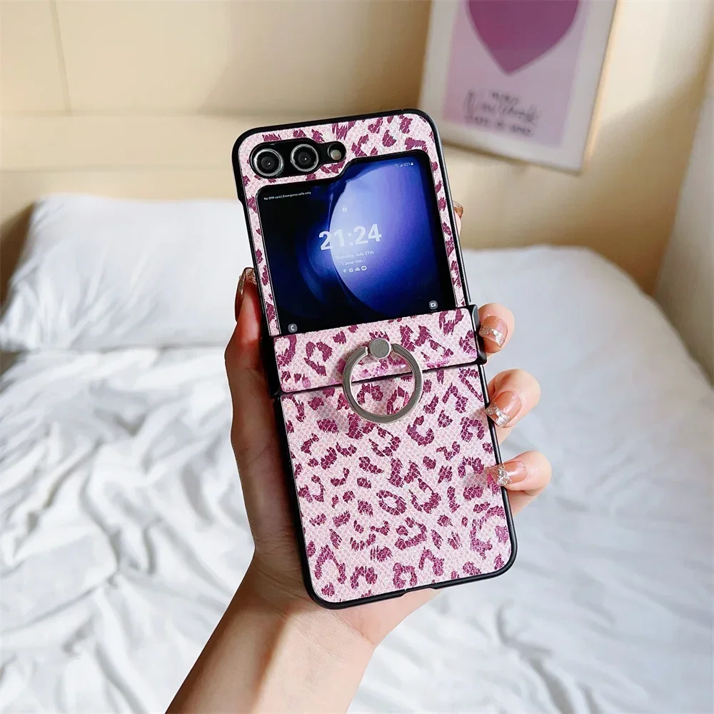 (rosa, Galaxy Z Flip4) Capa De Celular Personalizada Em Couro Com Estampa De Leopardo Sexy, Resistente A Quedas, Com Suporte De Anel