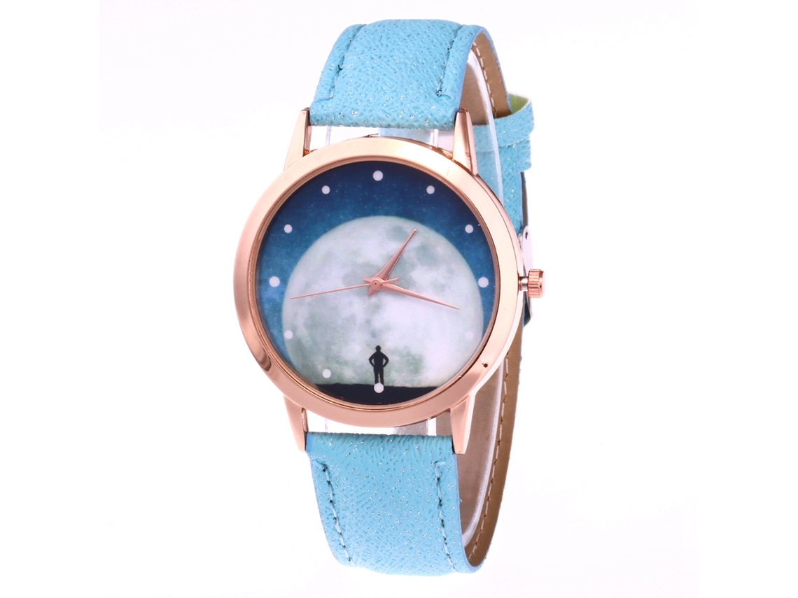 Relógio de quartzo unissex Zhoulianfa azul claro com pulseira de couro PU e mostrador com céu estrelado.