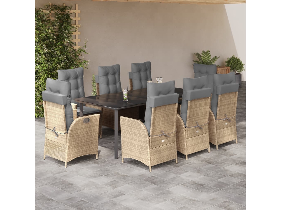 Vidaxl 9 Pcs Conjunto De Jantar P/ Jardim Com Almofadões Vime Pe Bege