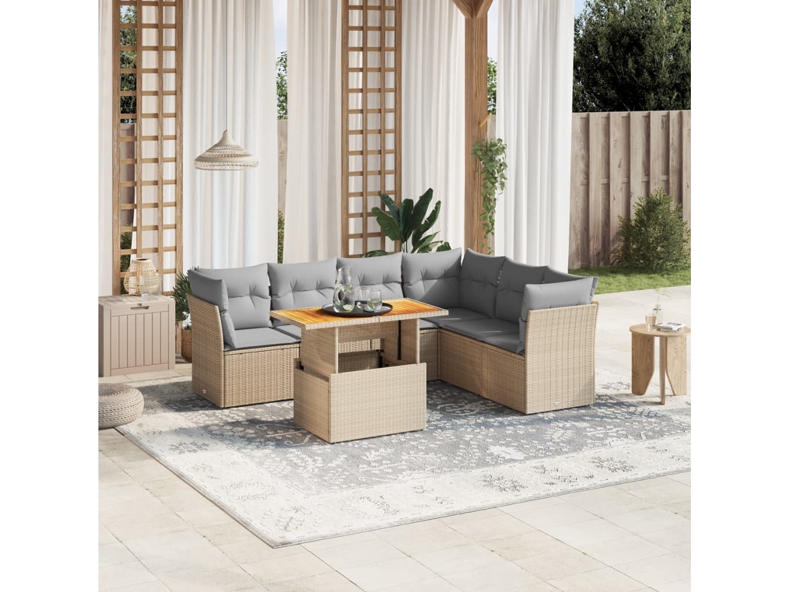 Vidaxl 7 Pcs Conjunto De Sofás P/ Jardim Com Almofadões Vime Pe Bege