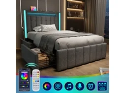 Cama Solteiro 90x200 Usb-c Led 2 Gavetas Cinza