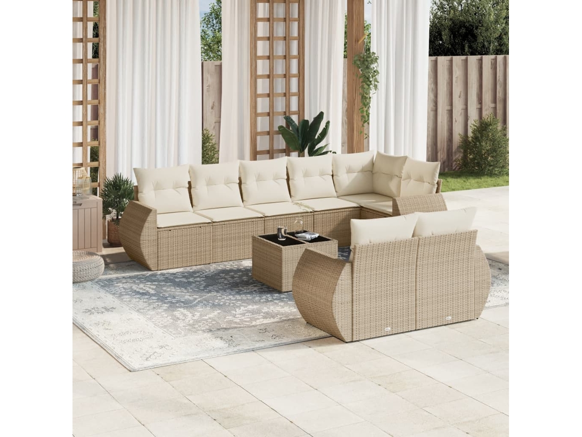 Vidaxl 9 Pcs Conjunto De Sofás P/ Jardim Com Almofadões Vime Pe Bege