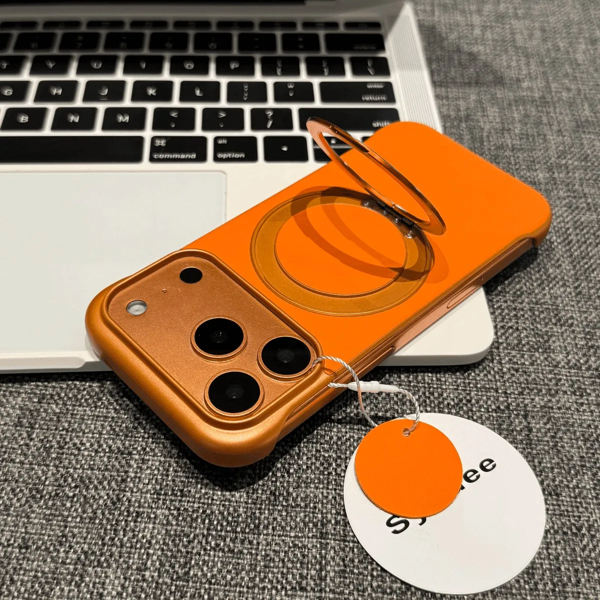 Capa Rígida De Couro Genuíno Sem Moldura (laranja Para Iphone 13 Pro), Com Suporte De Anel De Metal E Magsafe.
