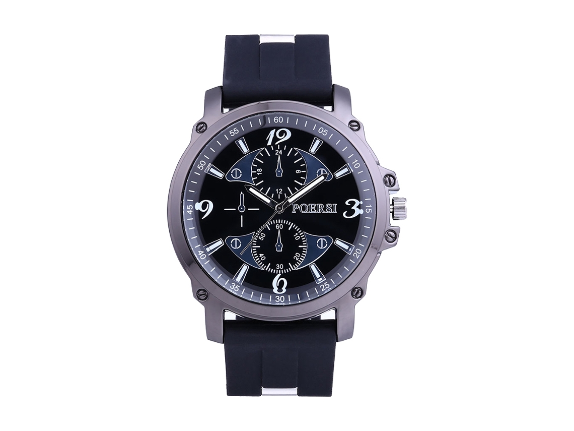Relógio masculino de quartzo com pulseira de silicone, mostrador redondo, estilo casual preto.