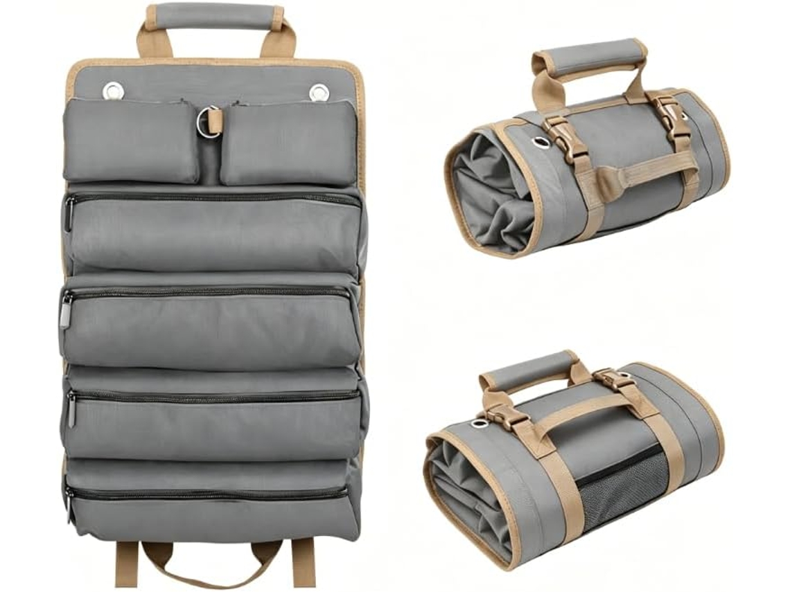 Bolsa de ferramentas portátil, enrolável, dobrável e multiuso, com 6 compartimentos com zíper, ideal para transporte de ferramentas.