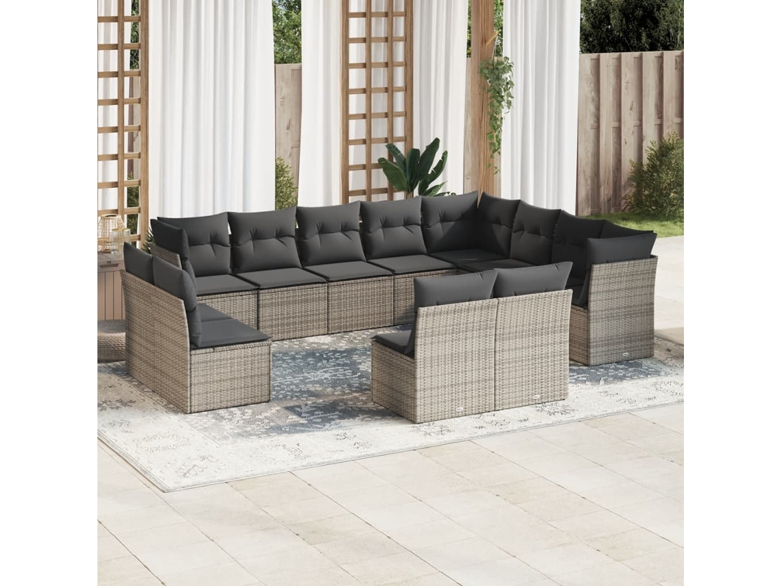 Vidaxl 12 Pcs Conjunto De Sofás Jardim C/ Almofadões Vime Pe Cinzento
