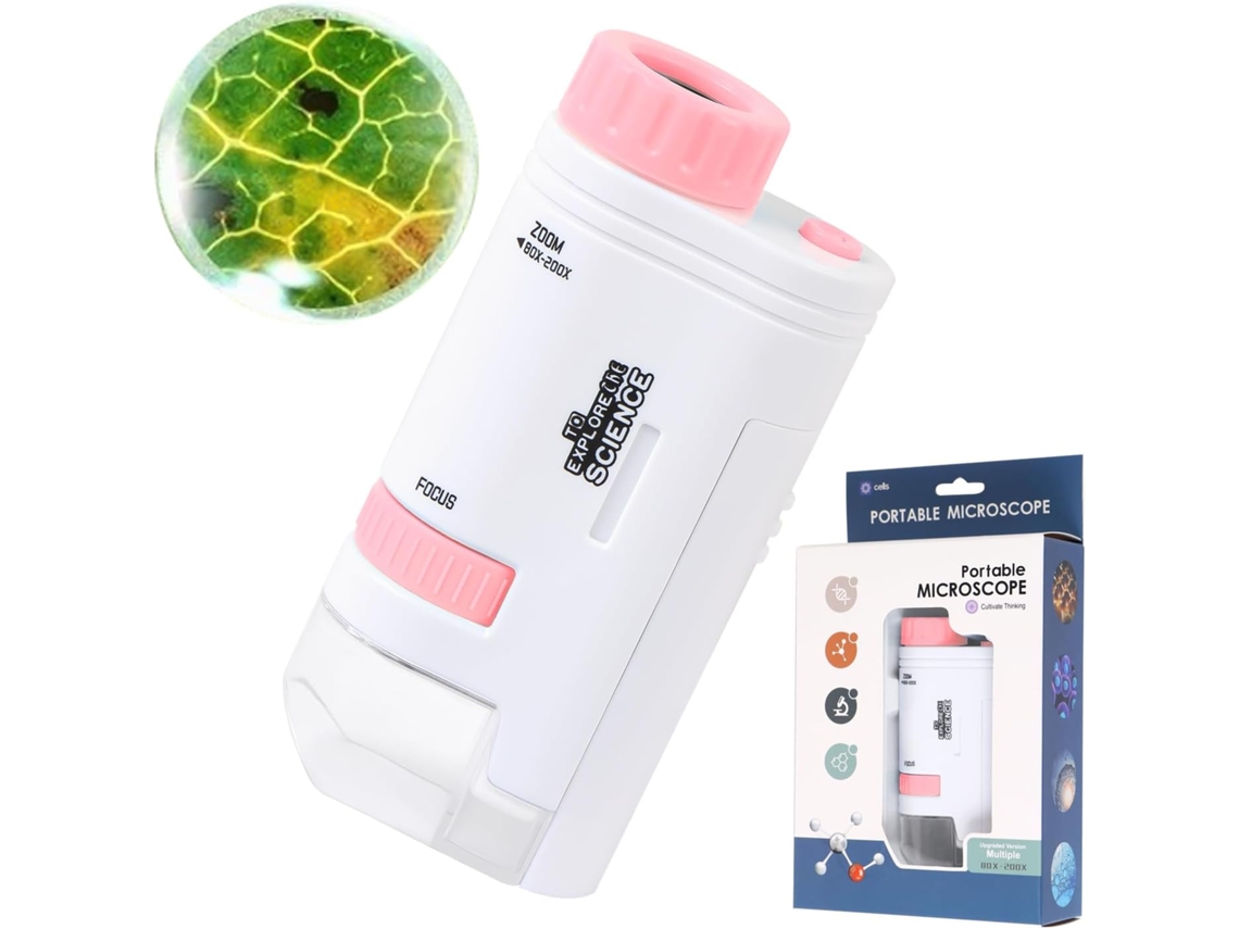 Microscópio de Bolso Portátil, Mini Microscópio 80x, 200x com Luz Led para Aprendizado, Educação e Exploração BRILVIBERA (rosa)