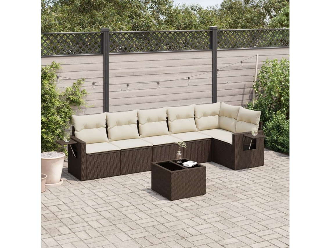 Vidaxl 7 Pcs Conjunto De Sofás Jardim C/ Almofadões Vime Pe Castanho