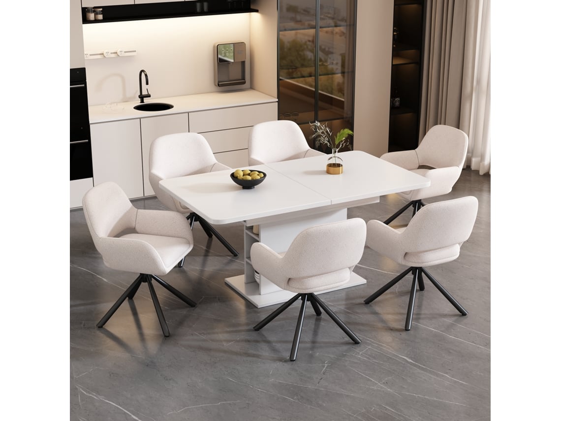 Conjunto De Jantar Com Mesa Extensível E 6 Cadeiras Sherpa, Arrumação Integrada E Acabamento Branco