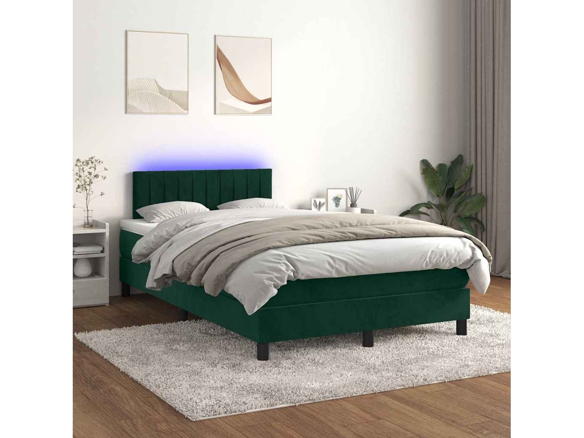 Vidaxl Cama Box Spring C/ Colchão/led 120x200 Cm Veludo Verde-escuro