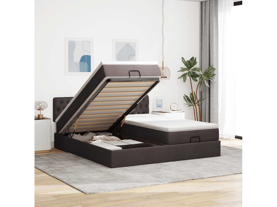 Estrutura De Cama Otomana Com Colchões Tecido Castanho Escuro