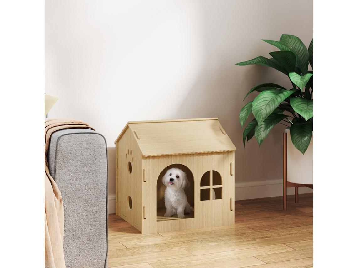 Casinha de madeira para cães e gatos 49,5x41x51 cm com janelas e desenho de patas vazadas, abrigo decorativo