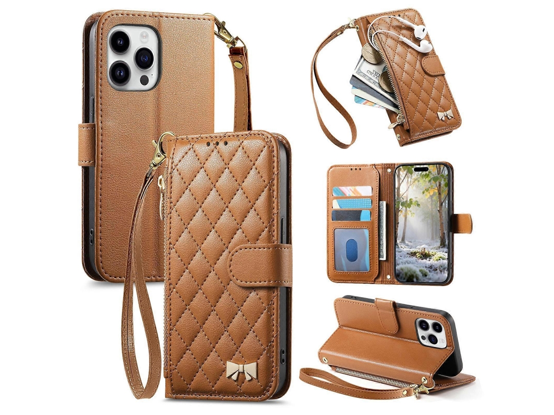 Capa Para Celular Em Couro Vegano Com Textura Rômbica, Zíper, Laço Metálico E Alça Para Iphone 16 Pro.