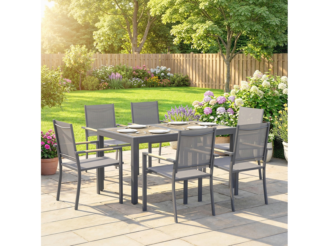 Conjunto Móveis Jardim 7 Peças Mesa Efeito Madeira 6 Cadeiras Empilháveis Textilene 140x80x72cm Cinza