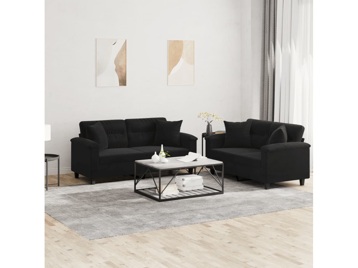 Vidaxl 2 Pcs Conjunto Sofás C/ Almofadas Tecido De Microfibra Preto