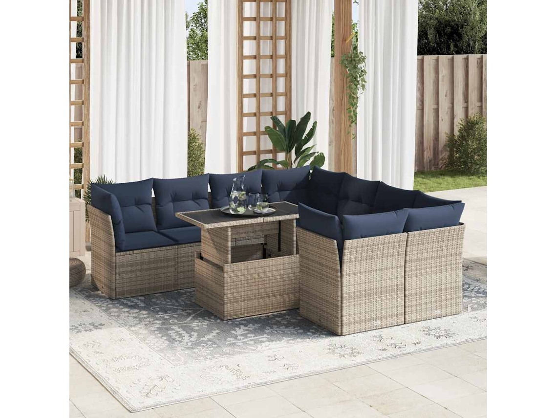 Vidaxl 9 Pcs Conjunto Sofás Jardim Almofadões Vime Pe/acácia Cinzento