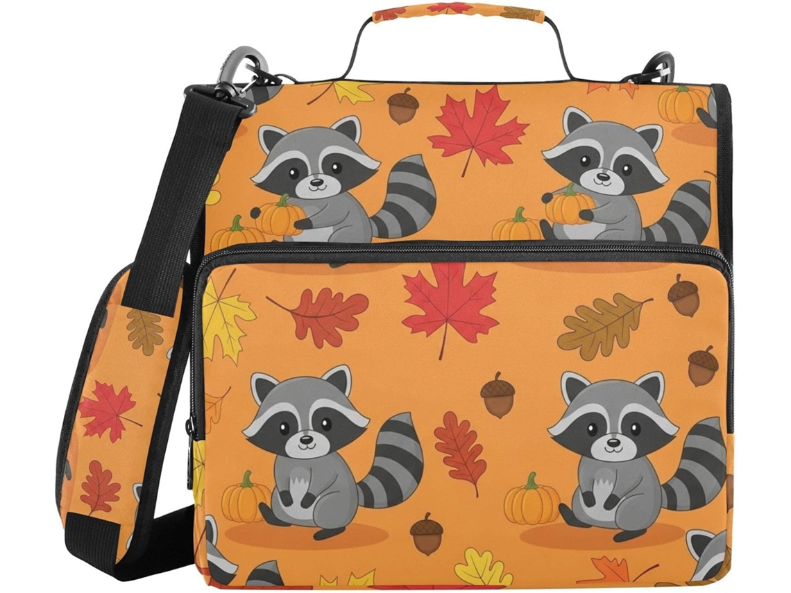 Pasta Organizadora Guaxinim com 3 argolas, para armazenamento e diversos bolsos, ideal para guardar materiais escolares ou para uso em cursos de tamanho médio.