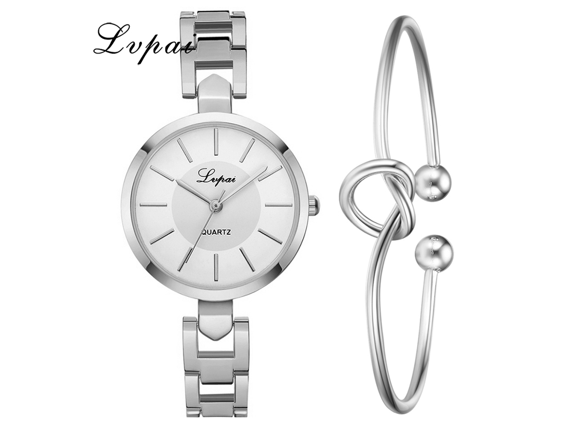 Relógio Feminino de Quartzo com Pulseira Conjunto Pulseira de Liga Prata Branco