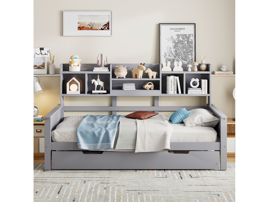 Sofá Cama Retrátil 90x200 Com Gaveta De Arrumação, Estrado De Ripas, Madeira De Pinho Cinza Estilo