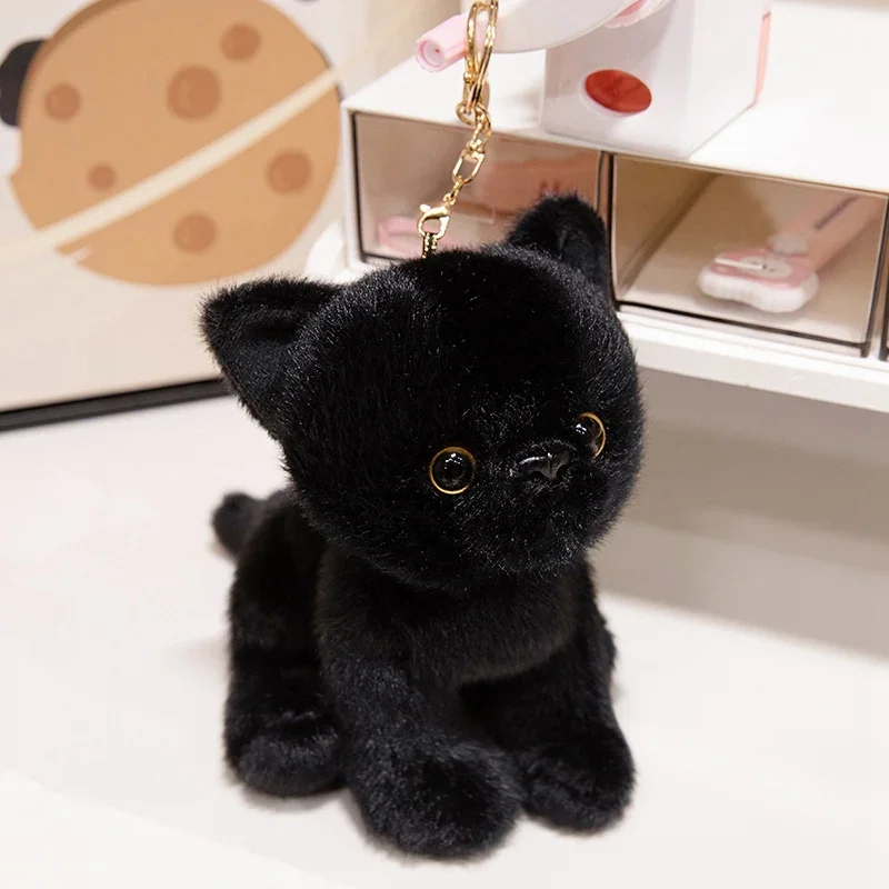 Chaveiro de Pelúcia de Gato Sentado, Fofo e Realista, 15cm, Bichinho de Pelúcia Macio MDUG (preto 15cm)