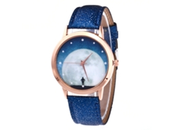 Relógio de quartzo unissex com pulseira de couro PU, mostrador azul escuro com céu estrelado, Zhoulianfa