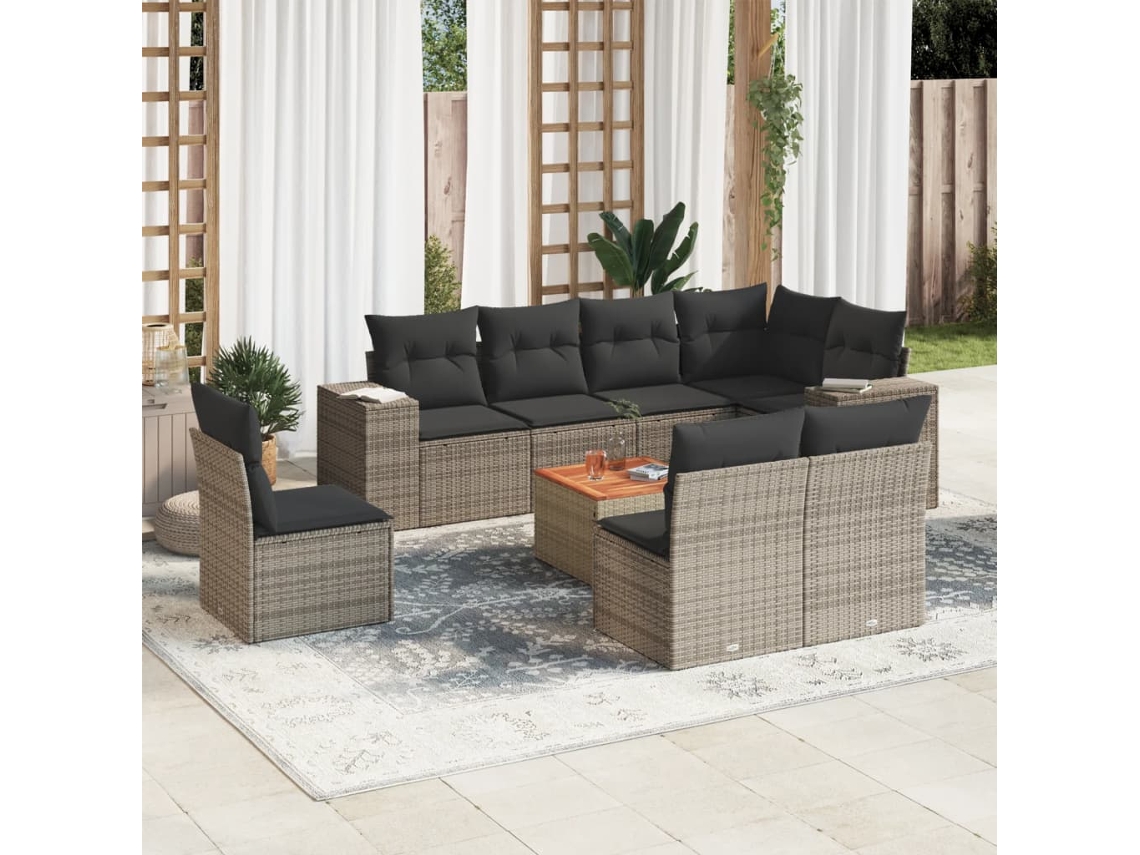 Vidaxl 9 Pcs Conjunto Sofás P/ Jardim Com Almofadões Vime Pe Cinzento