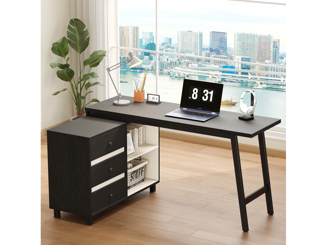 Mesa L 150x100x76cm VELTRIX com 3 Gavetas, 2 Compartimentos, em Aço Preto e Branco