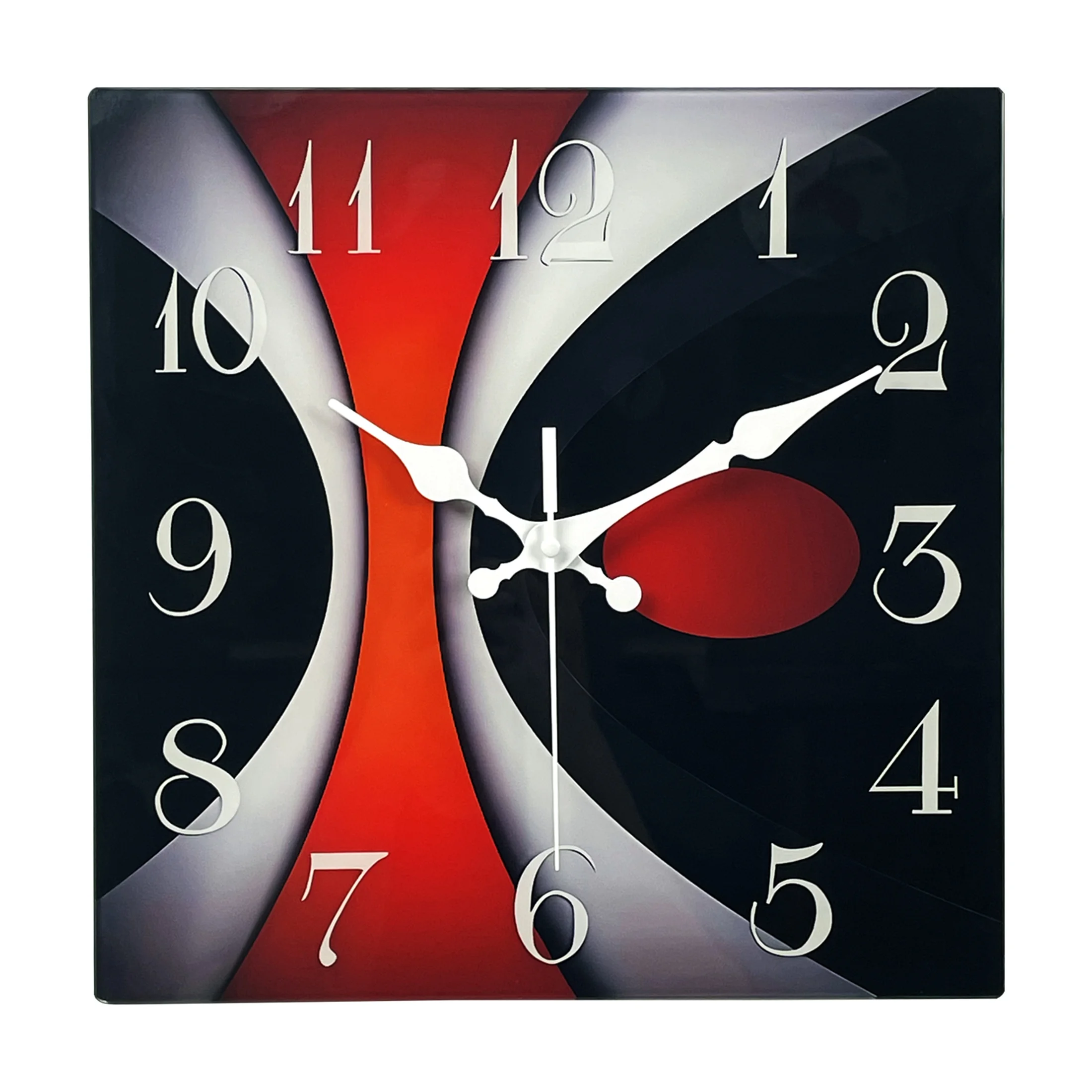 Relógio De Parede Quadrado De Vidro Temperado Com Padrão Geométrico Abstrato Em Vermelho, Cinza E Preto (30 Cm)