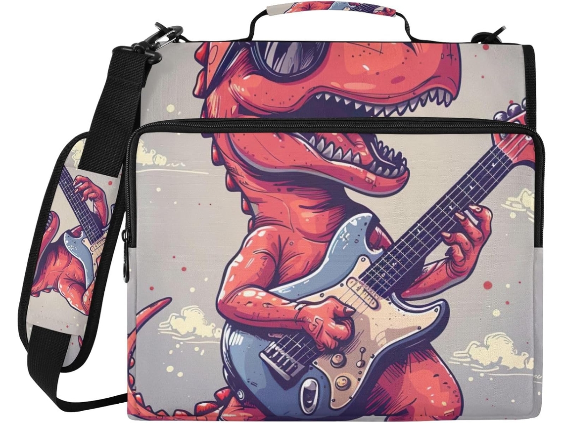 Bolsa organizadora para guitarra com estampa de dinossauro vermelho, feita com 3 argolas e tecido resistente à água.