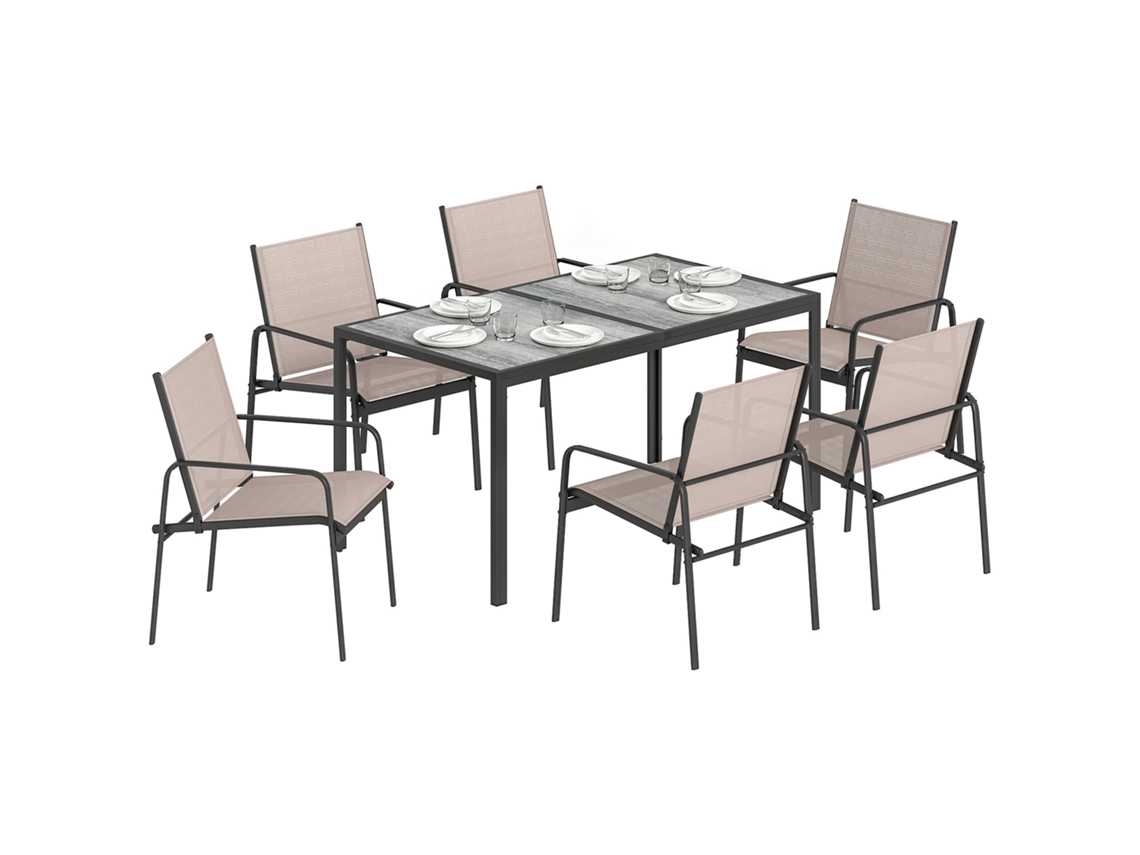 Conjunto De Mesa E Cadeiras De Jardim De 7 Peças Com Com Efeito Madeira E 6 Com Assento Respirável Caqui