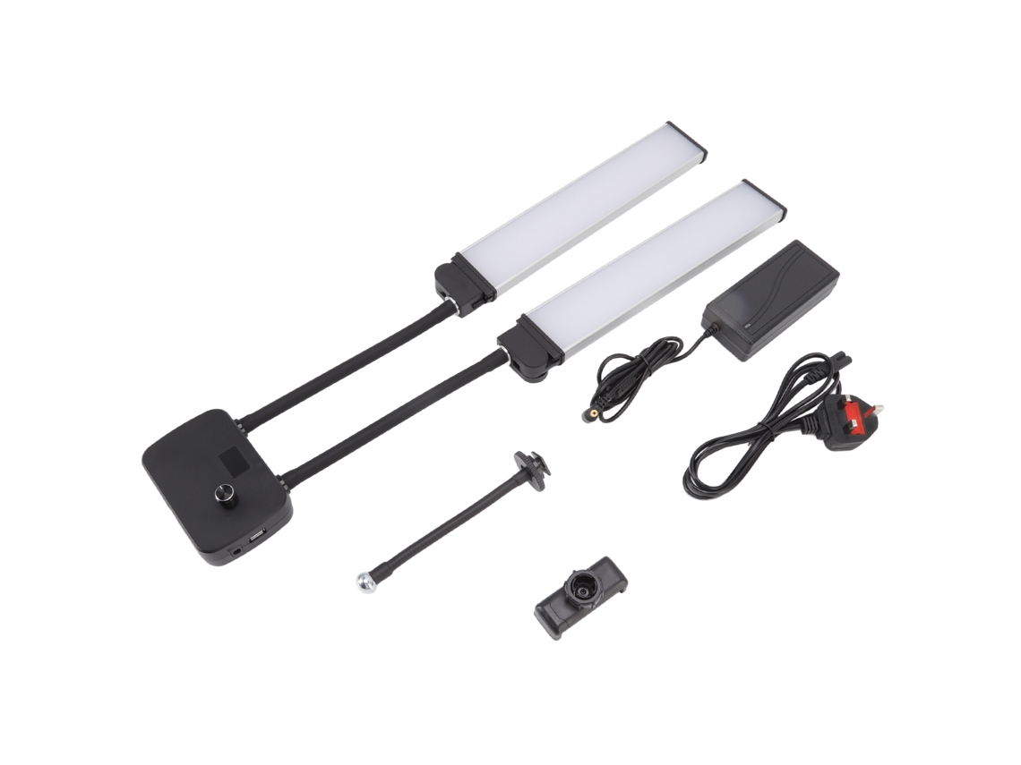 Luz de preenchimento LED 3200k-5600k com braços duplos ajustáveis e suporte para celular para streaming (100-240v no Reino Unido)