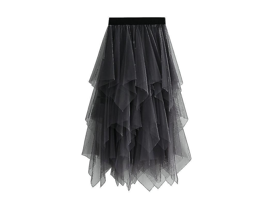 Saia Longa de Malha com Cintura Elástica Feminina Estilo Fresco e Doce Tule Jxsm8063 Gris